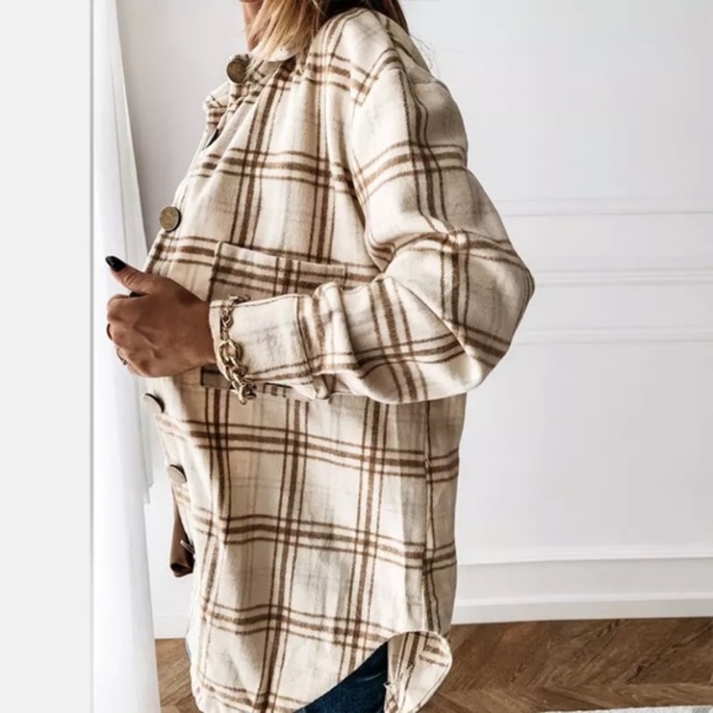 SOLD OUT Beige Plaid Flannel Oversized Shacket Shirt Jacket - Picture 2 of 4